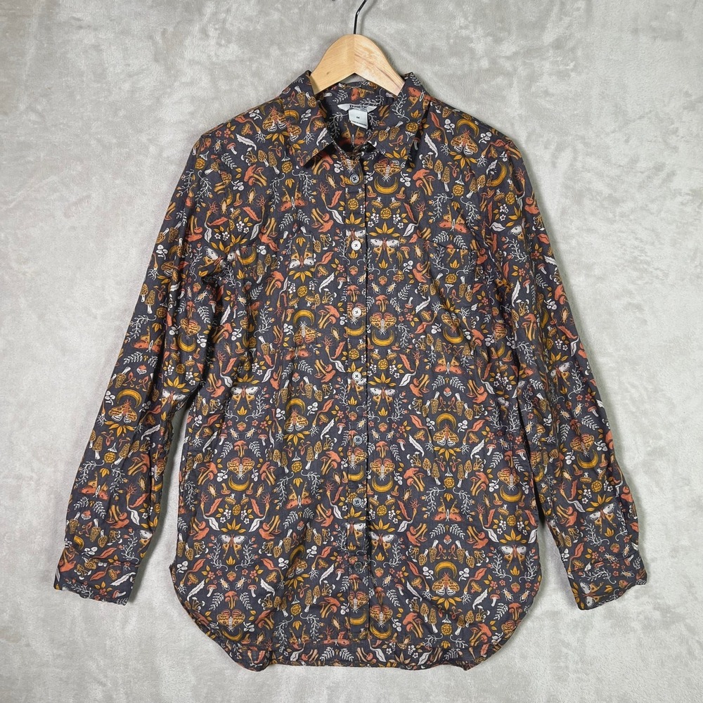 Duluth Trading Co Flannel Shirt Womens M Mushroom Moth Floral Butterfly Fall